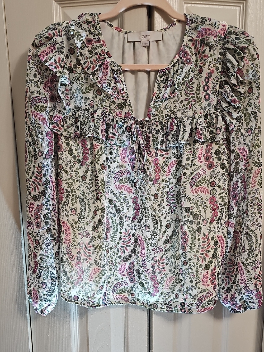 LOFT Cream Floral Ruffle Tie-Neck Blouse with Pink & Green Accents